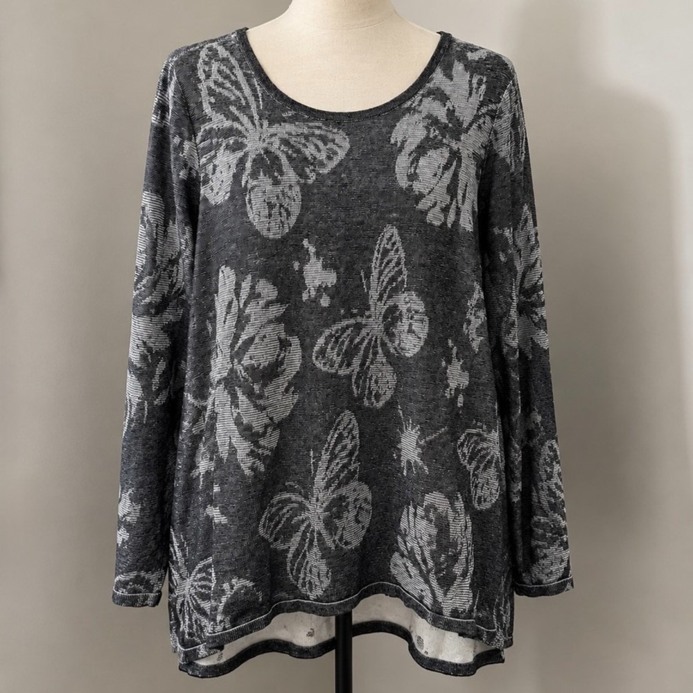 Weekends by Chico's Sweater Womens Size‎ 3 XL Butterfly Floral Gray Cotton Knit